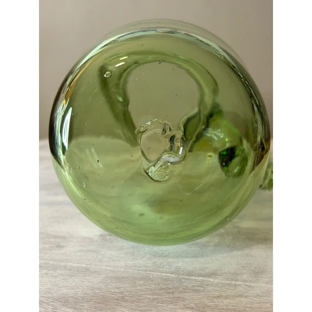 Vintage Hand Blown Green Glass Mini Pitcher Applied Handle Seed Bubbles Creamer
